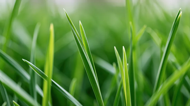 Close-up of fresh green grass blades growing in a lawn