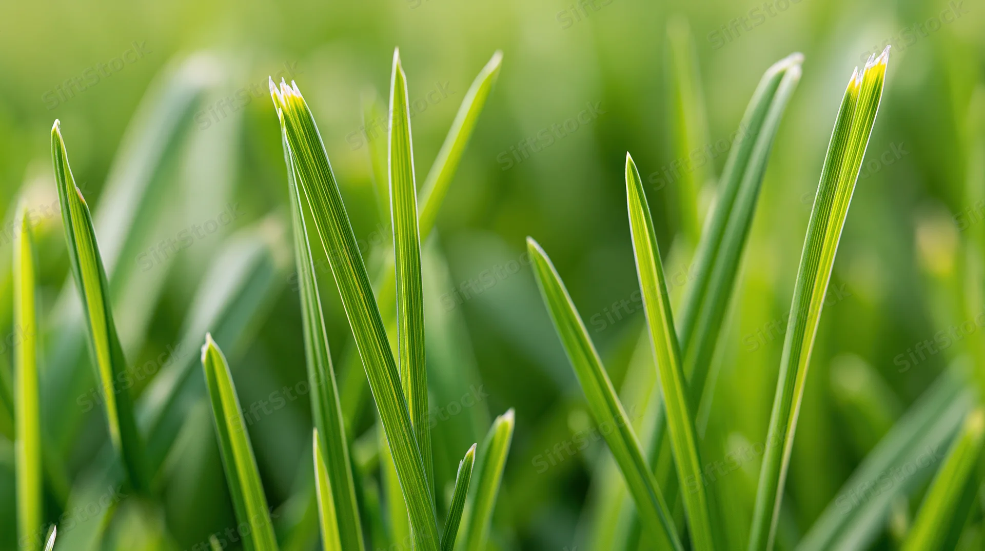 Close-up of fresh green grass blades growing in a lawn