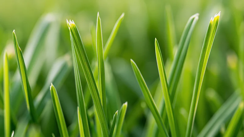 Close-up of fresh green grass blades growing in a lawn