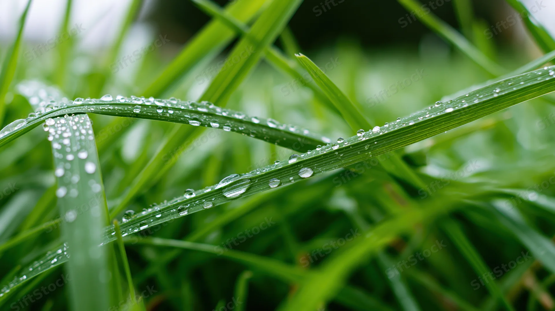 Close-up of wet grass blades covered in water droplets in a natural outdoor setting
