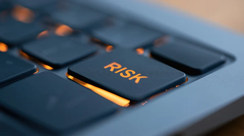 Close-up of a laptop keyboard with a key labeled risk illuminated by orange light