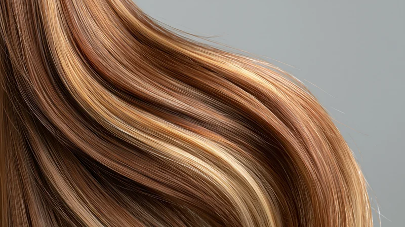 Flowing straight glossy brown hair with blonde highlights in close-up macro view
