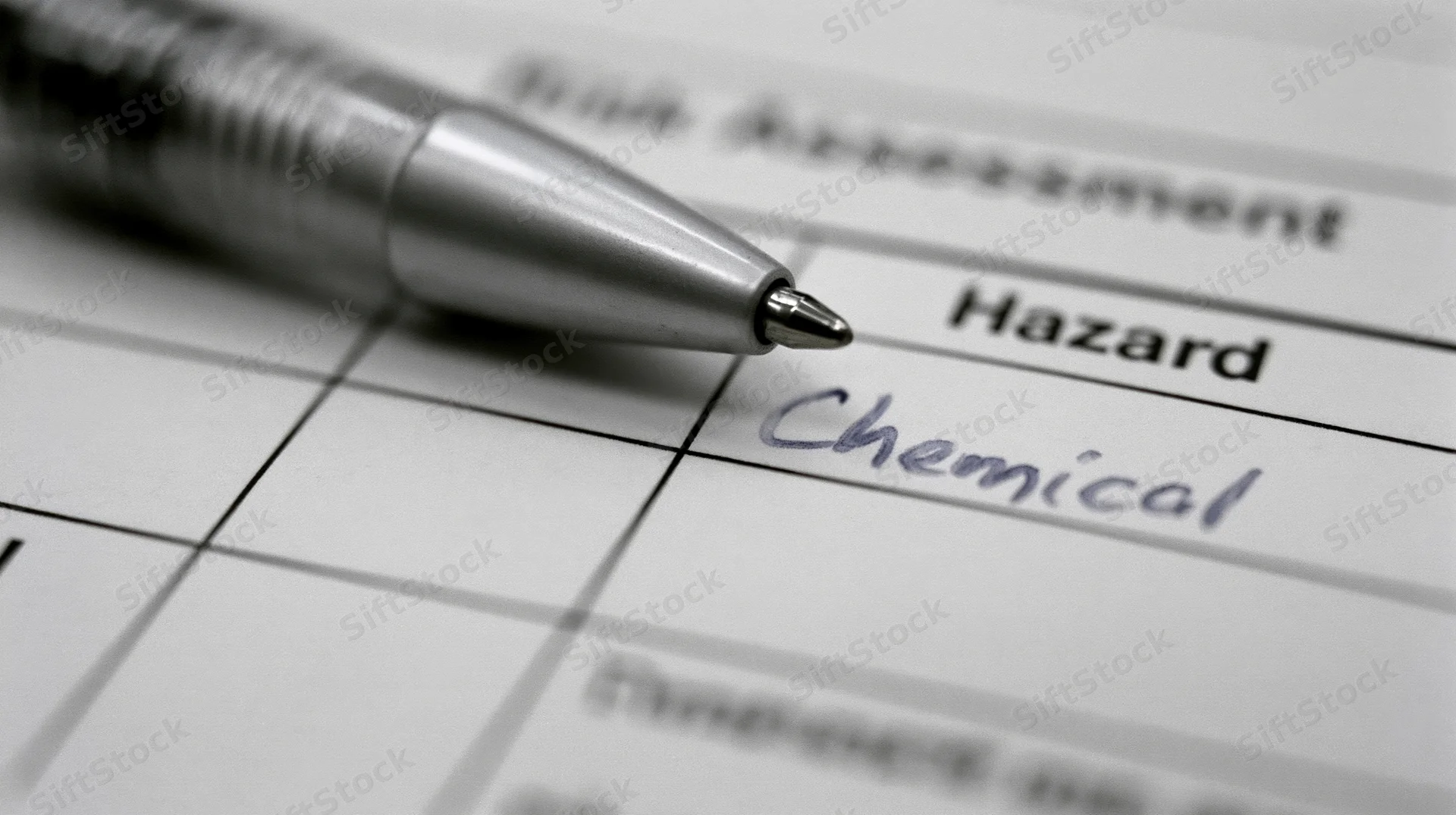 Close-up of a pen resting on a risk assessment form with handwritten chemical hazard entry