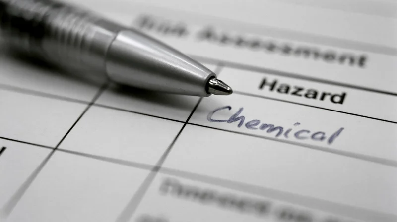 Close-up of a pen resting on a risk assessment form with handwritten chemical hazard entry