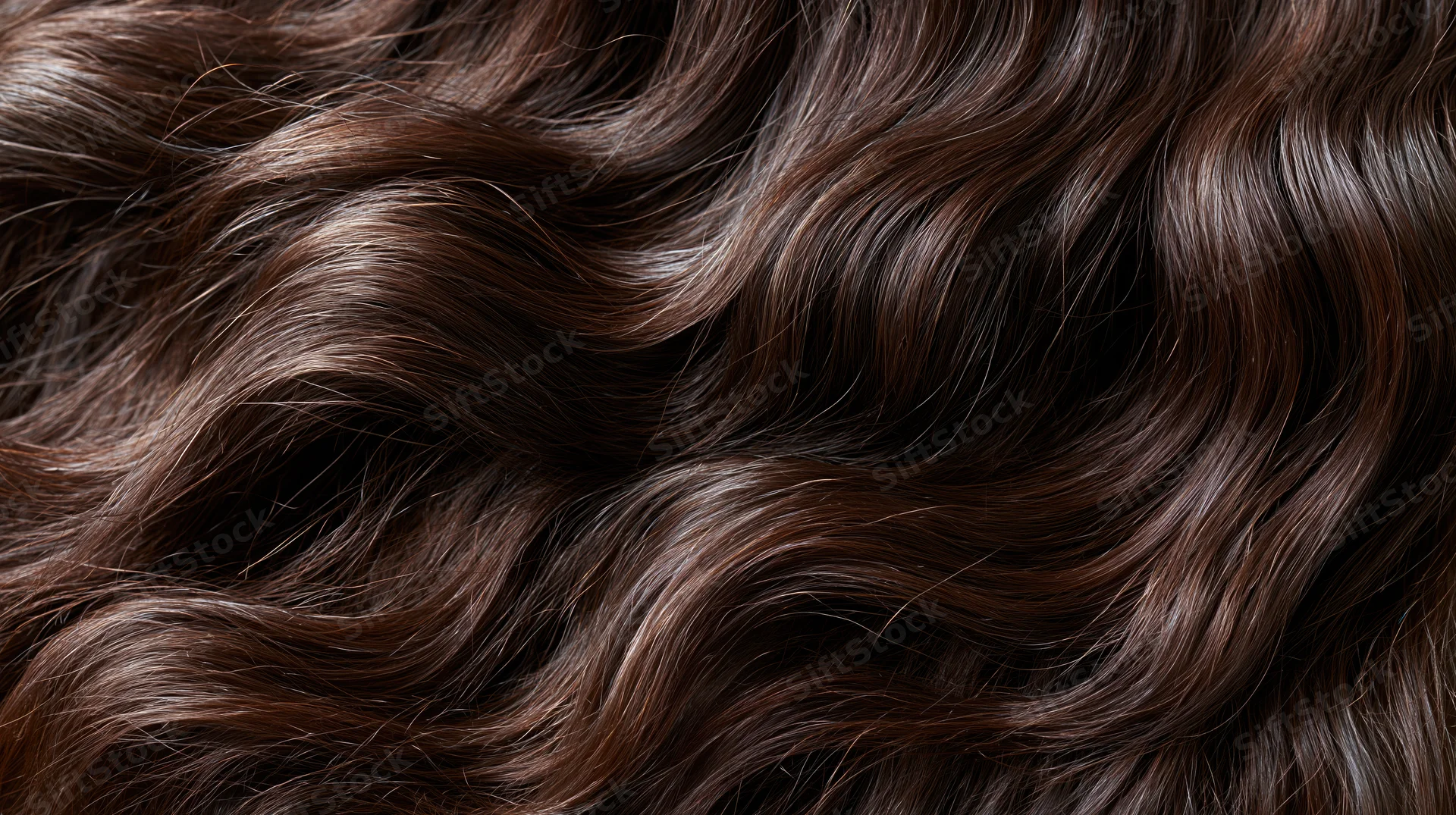 Close-up of dark brown wavy hair with glossy texture filling the frame