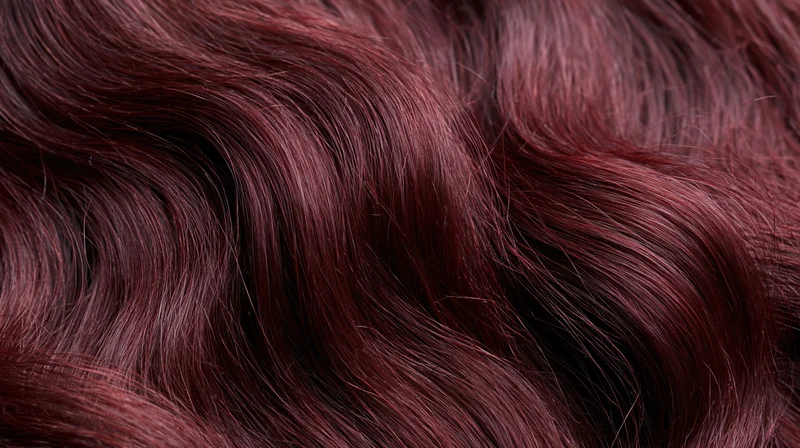Close-up of deep burgundy wavy hair strands with glossy texture