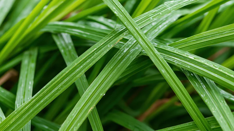 Close-up of green grass blades with dew droplets in natural outdoor setting