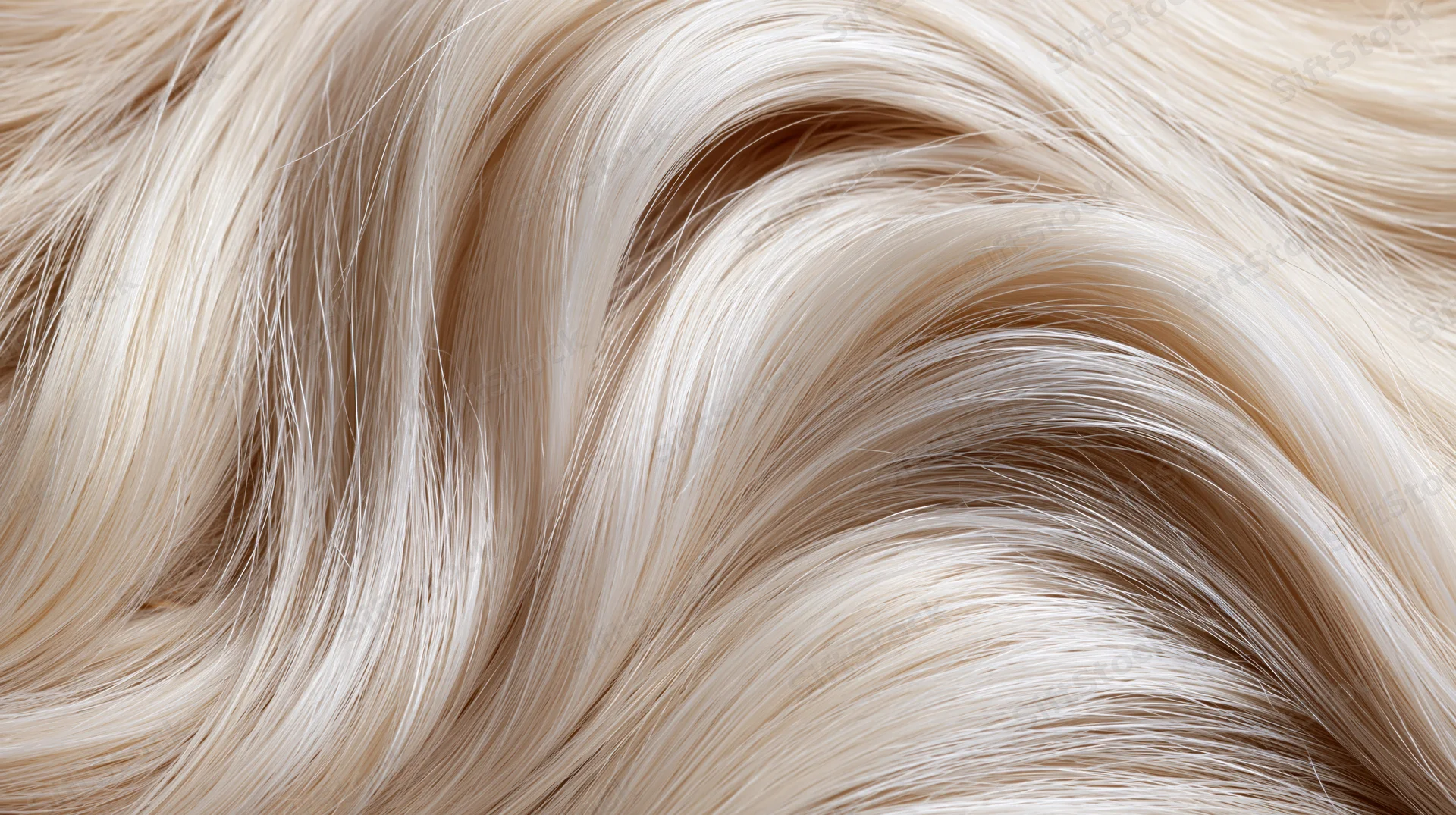 Flowing platinum blonde hair strands in close-up macro view