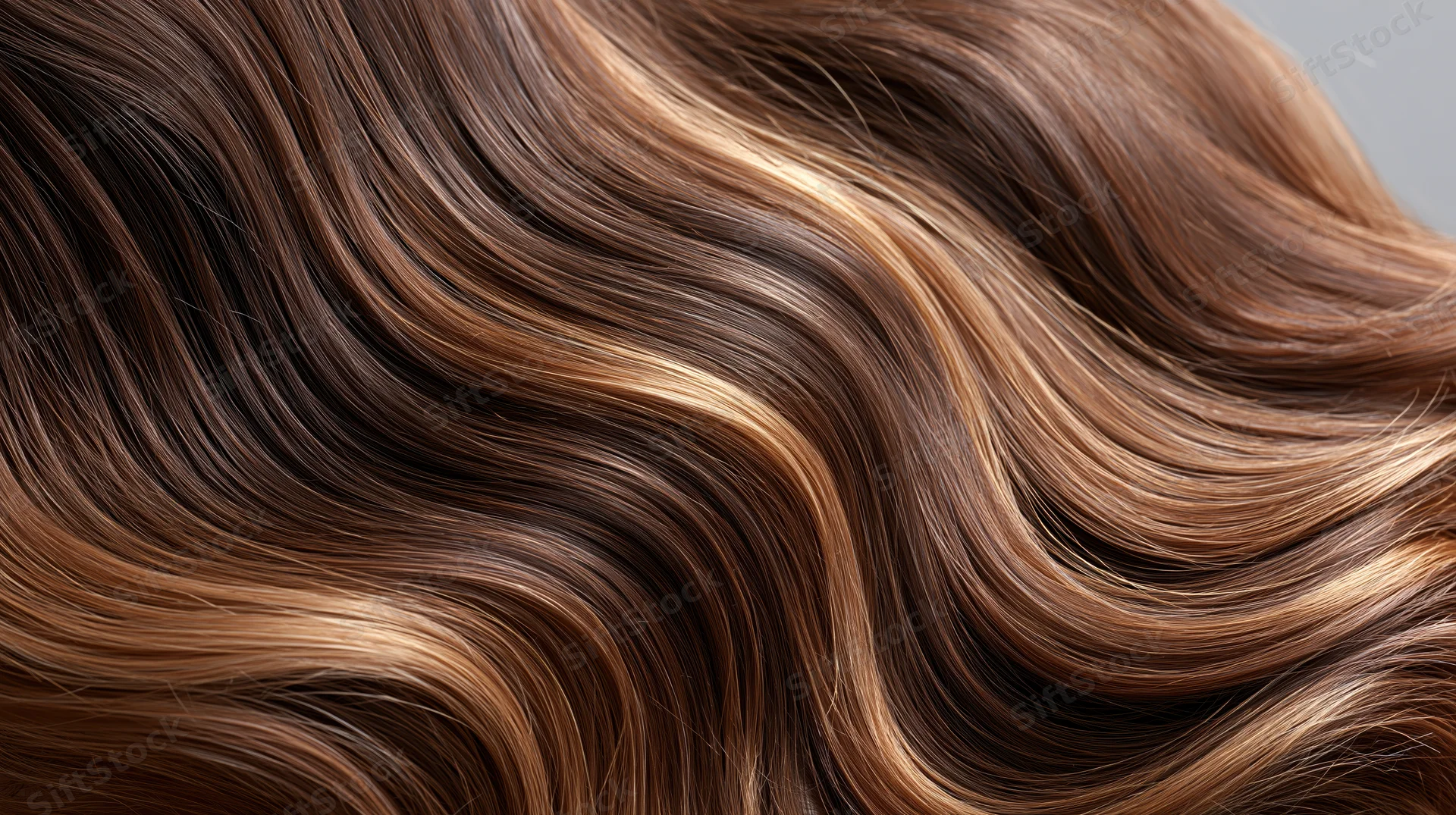 Close-up of flowing wavy brown hair with caramel highlights
