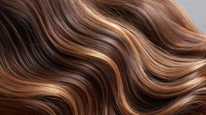 Close-up of flowing wavy brown hair with caramel highlights