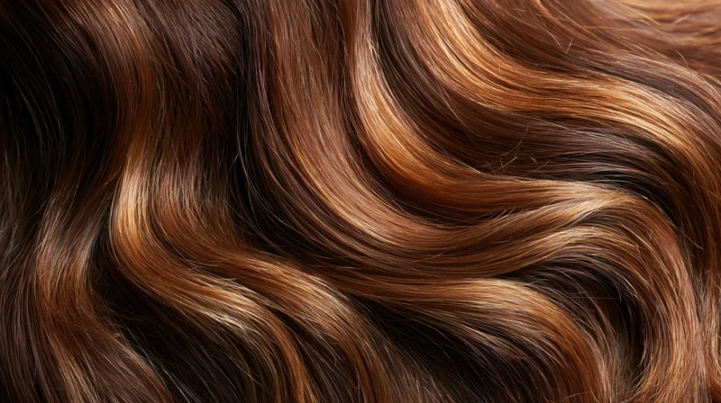 Close-up of flowing wavy brown hair with caramel highlights
