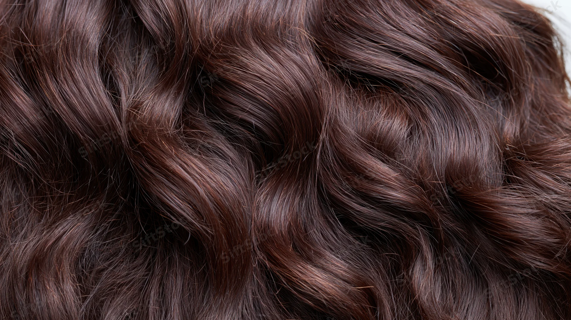 Close-up of long wavy dark brown hair with glossy texture filling the frame