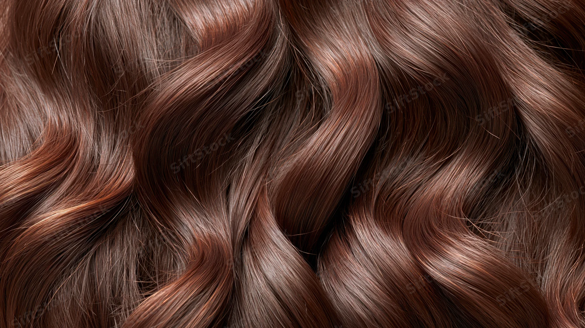 Close-up of long wavy dark brown hair filling the frame
