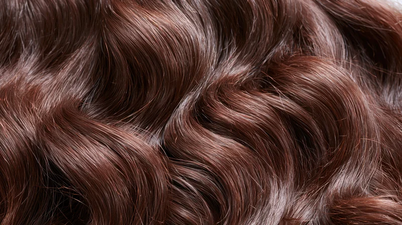 Close-up of long wavy dark brown hair filling the frame
