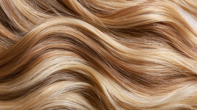 Close-up of long wavy blonde hair with highlights and natural texture filling the frame