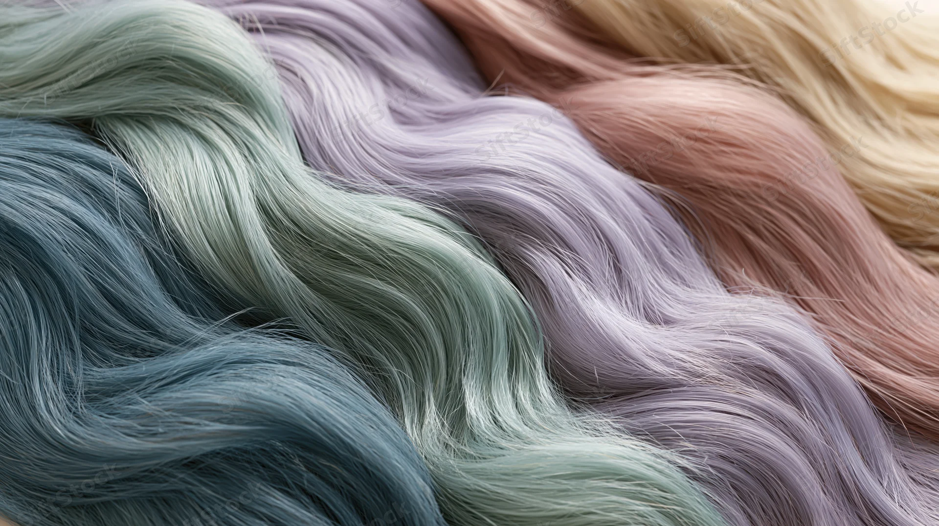 Close-up of multiple pastel hair color swatches arranged in flowing waves