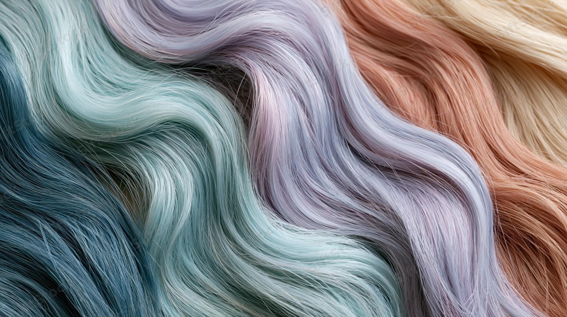 Close-up of multiple hair color swatches arranged in flowing waves
