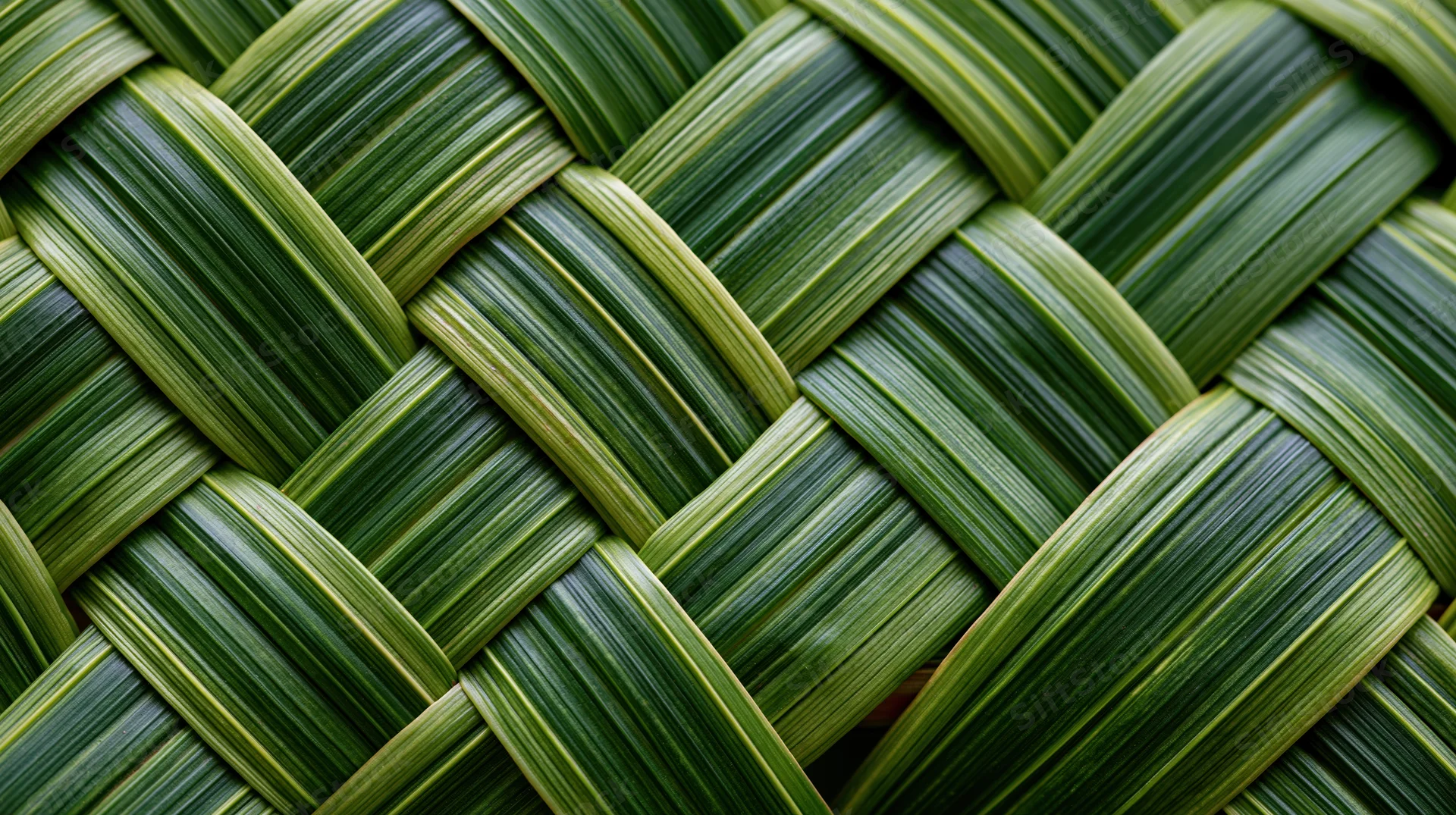 Close-up of woven palm leaves forming a textured green pattern