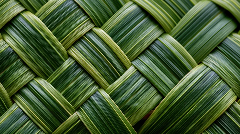 Close-up of woven palm leaves forming a textured green pattern