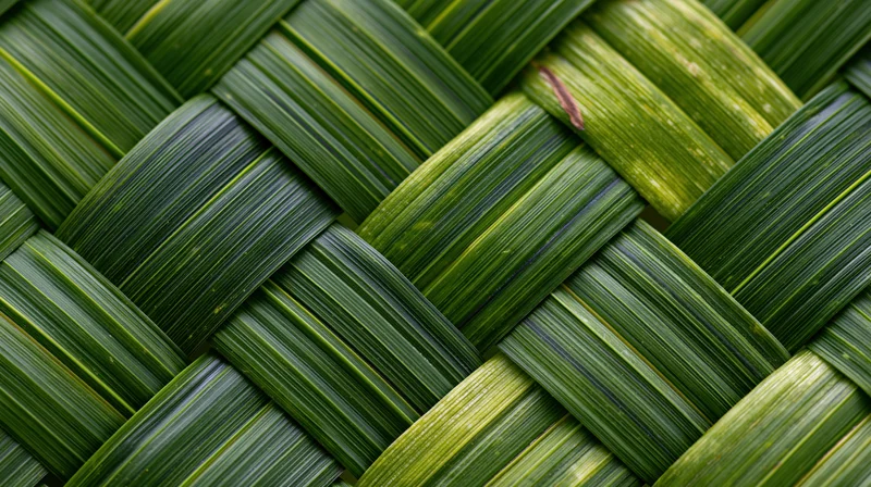 Close-up of woven palm leaves forming a textured natural pattern
