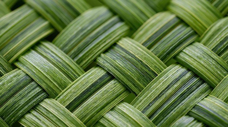 Close-up of woven palm leaves forming a textured green pattern