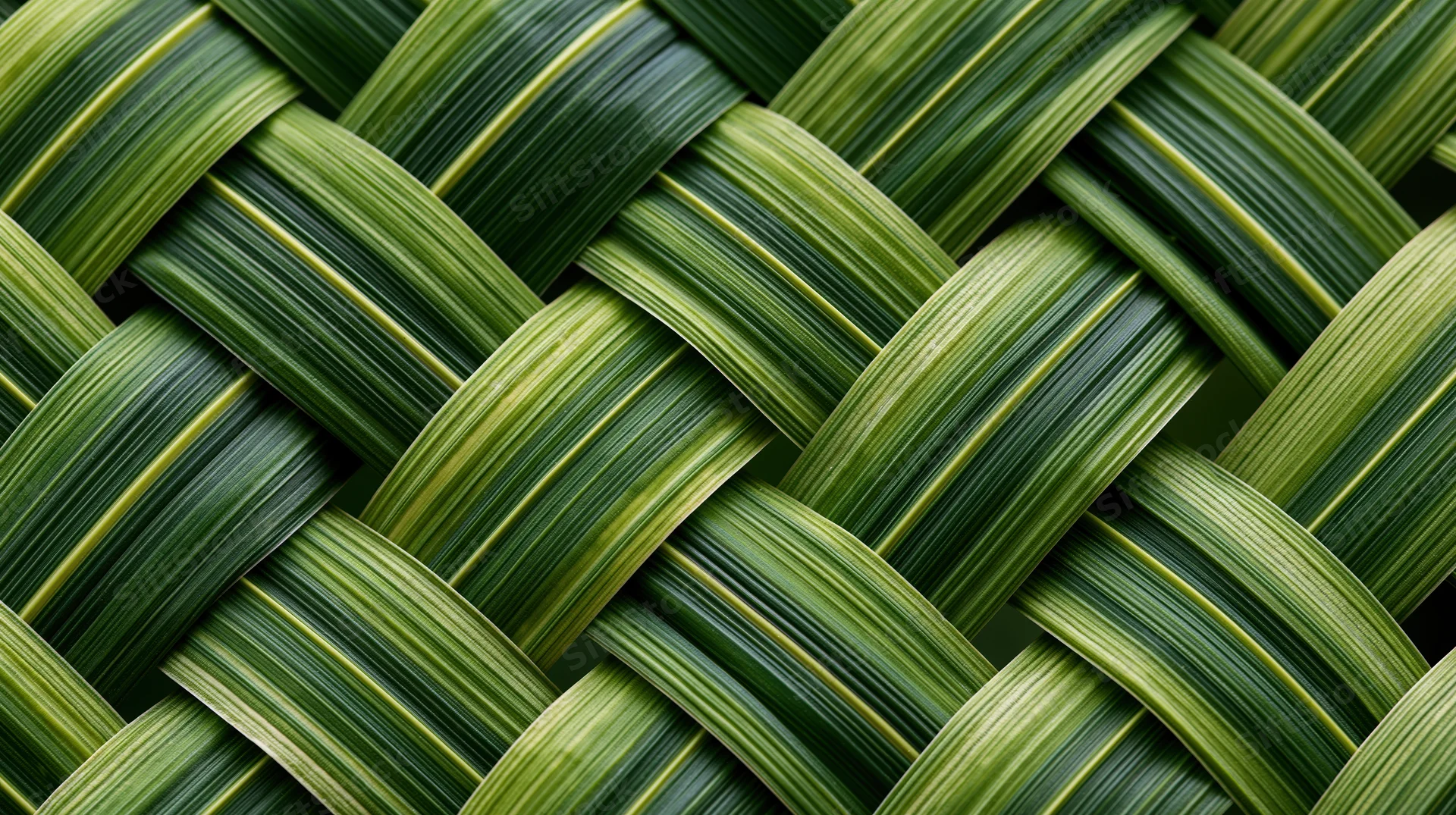 Close-up of woven palm leaves forming a textured green pattern