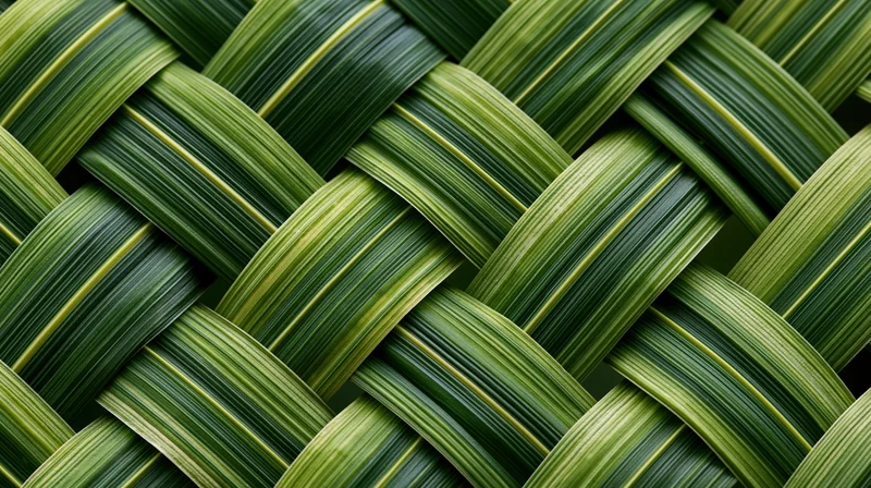 Close-up of woven palm leaves forming a textured green pattern