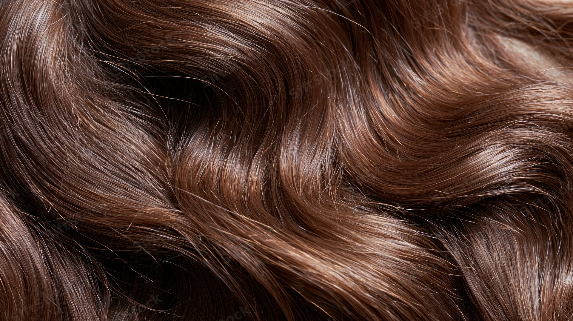 Close-up of wavy brown hair filling the frame with glossy texture