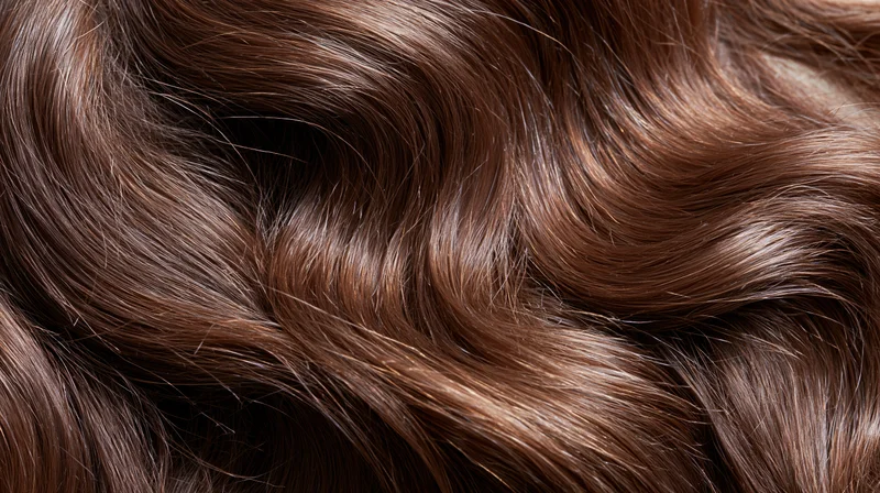 Close-up of wavy brown hair filling the frame with glossy texture