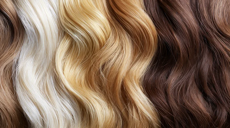 Close-up of wavy hair swatches arranged side by side showing blonde, brown and white color variations