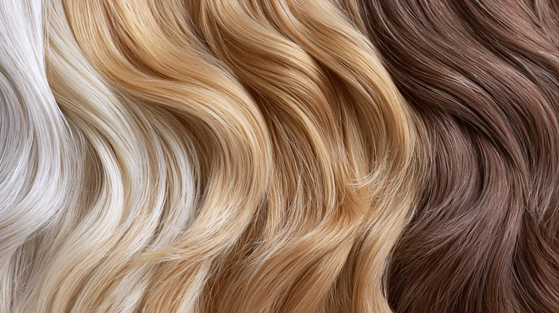 Wavy hair swatches in blonde, brown and white arranged side by side