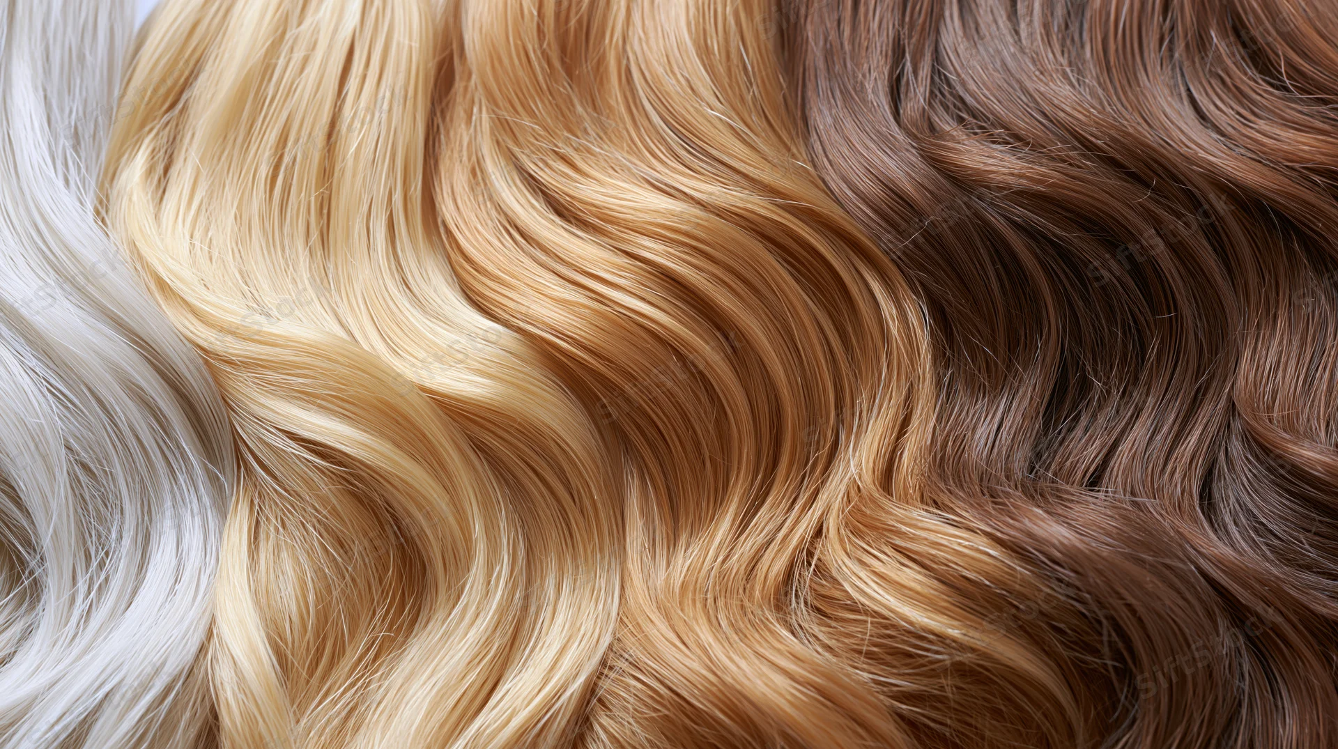 Close-up of wavy hair swatches in blonde, brown and white arranged side by side