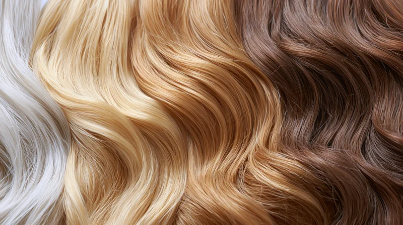 Close-up of wavy hair swatches in blonde, brown and white arranged side by side
