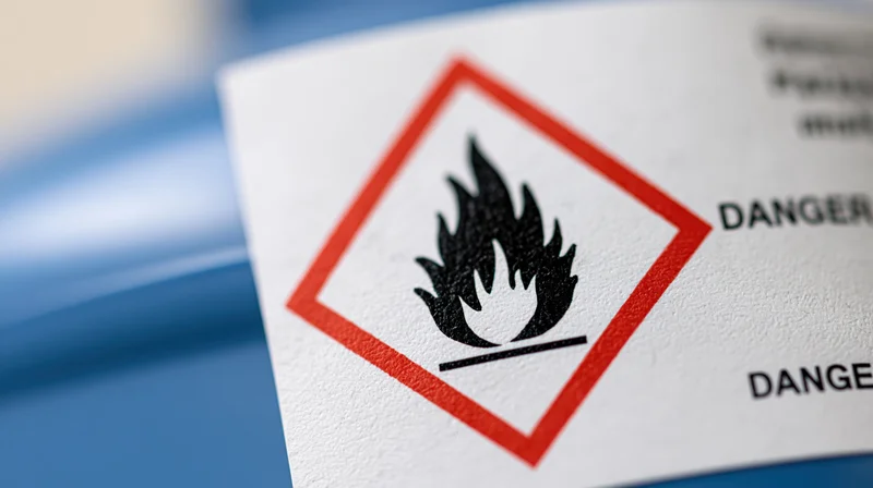 Close-up of a ghs flammable hazard symbol on a white label with red diamond and black flame icon
