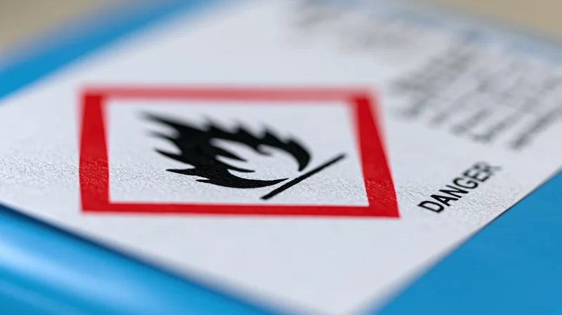 Close-up of a ghs flammable hazard symbol on a white label with red border and danger text
