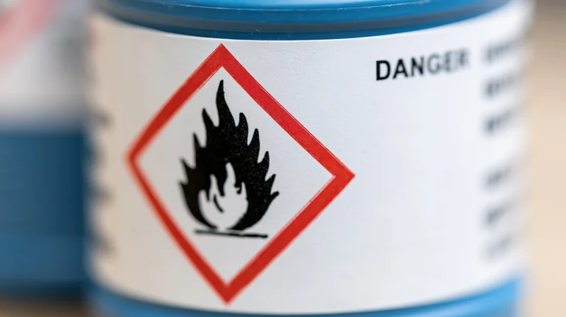 Close-up of a flammable hazard symbol on a white chemical container label
