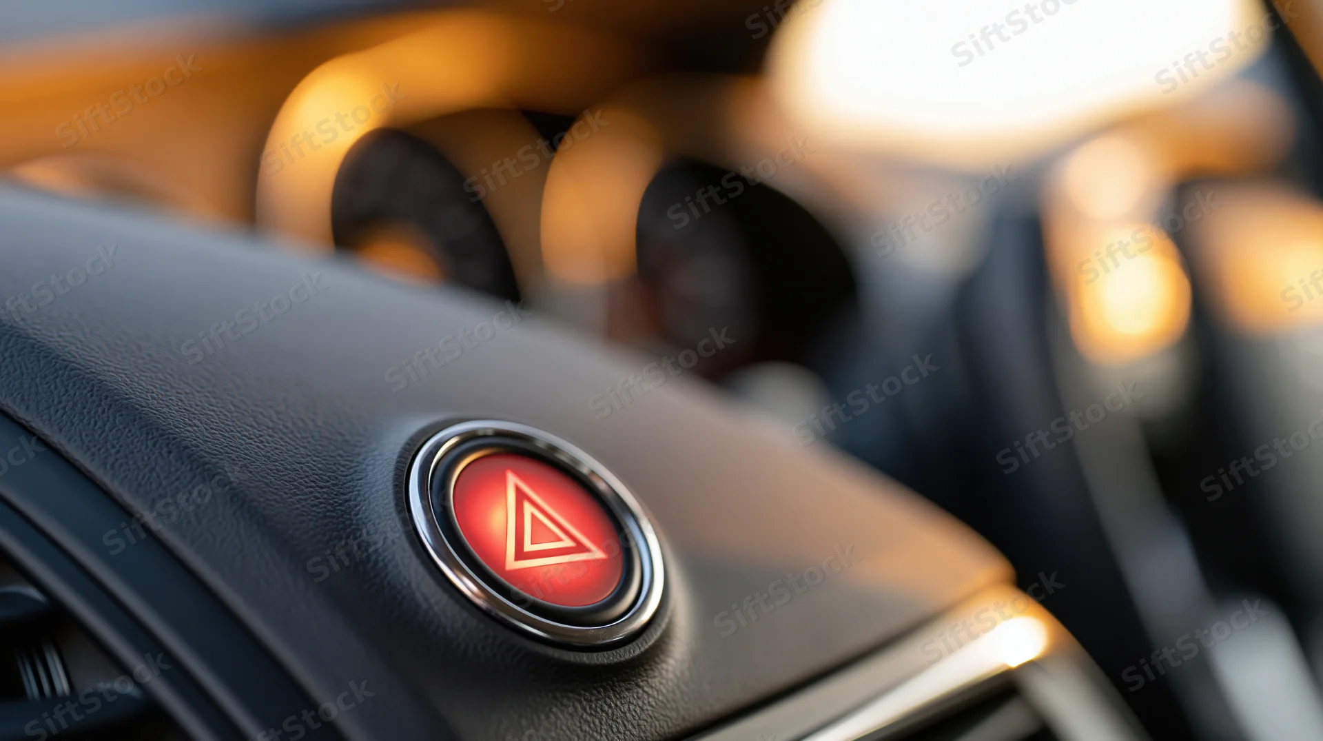 Illuminated red hazard warning button on car center console interior