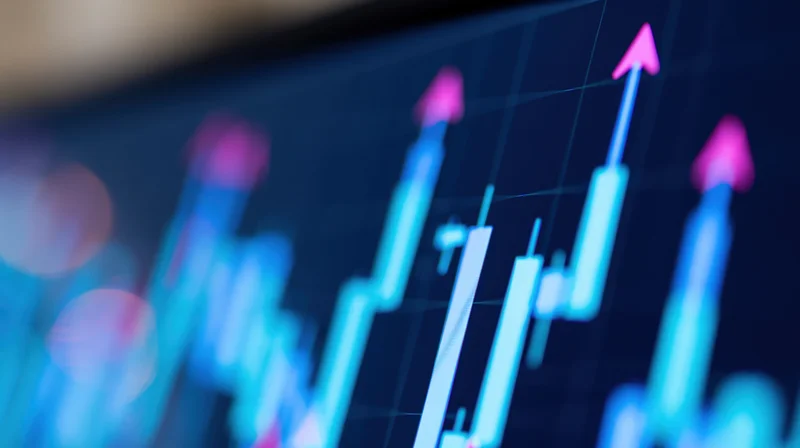 Close-up of a financial candlestick chart on a digital screen showing upward trend with pink arrows
