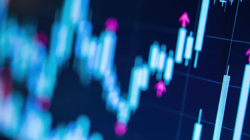 Close-up of a financial candlestick chart on a digital screen showing price movement with pink arrows indicating upward trend