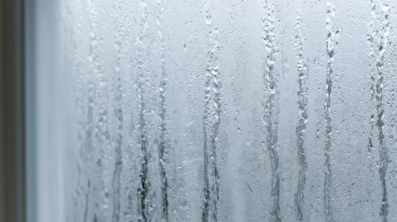 Close-up of condensation droplets streaking down a fogged window pane