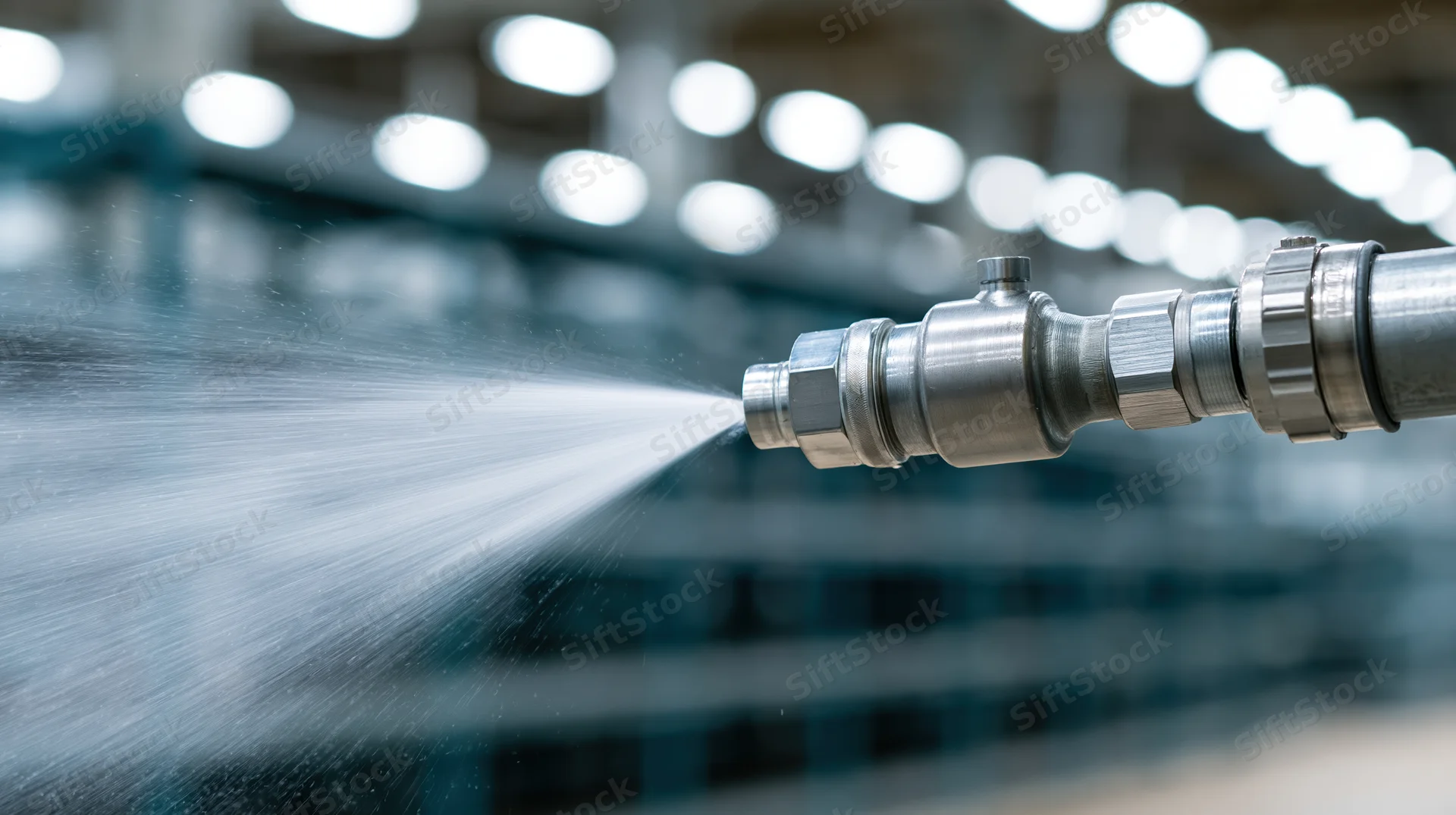 Metal industrial spray nozzle releasing water jet in factory setting