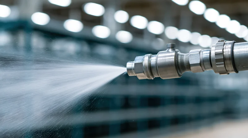 Metal industrial spray nozzle releasing water jet in factory setting
