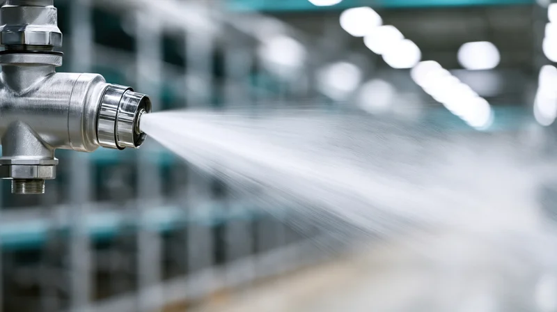 Metal industrial spray nozzle releasing water stream in factory setting