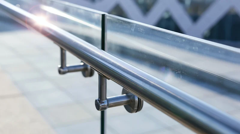Close-up of a stainless steel handrail with glass panels on an outdoor walkway
