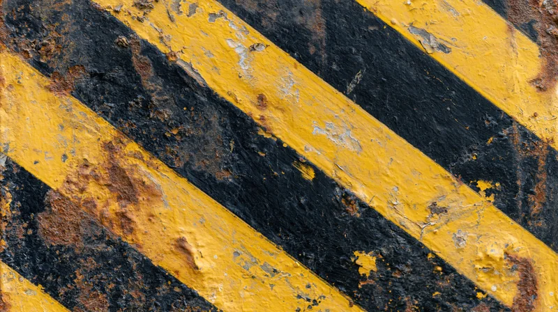 Weathered yellow and black striped hazard warning surface with rust and peeling paint