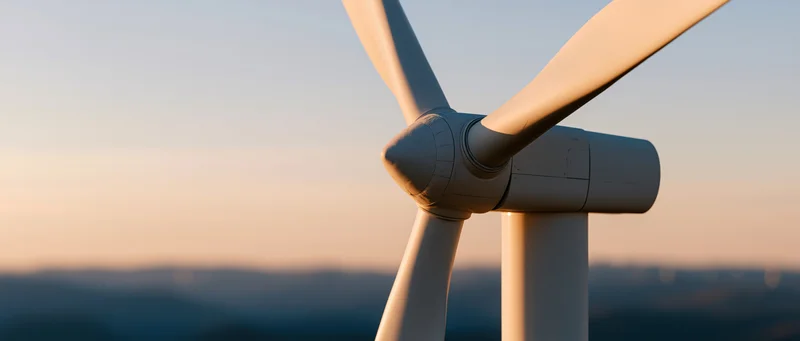 Close-up of wind turbine nacelle and rotor hub against twilight sky