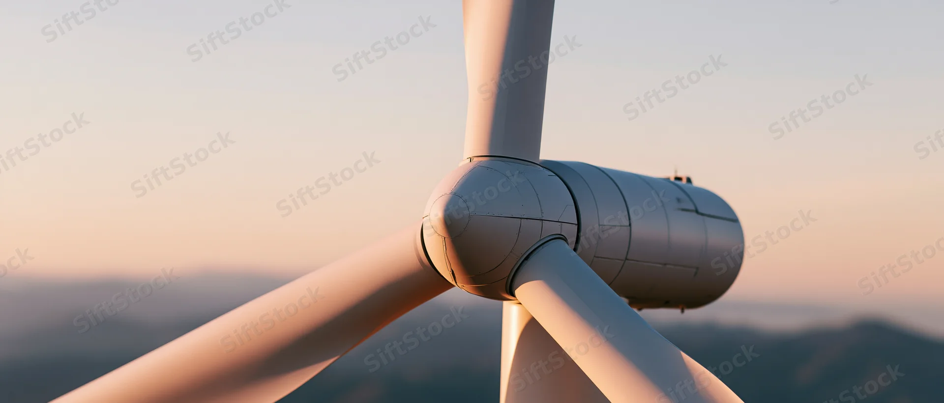 Close-up of wind turbine nacelle and rotor hub against sunset sky with distant mountains