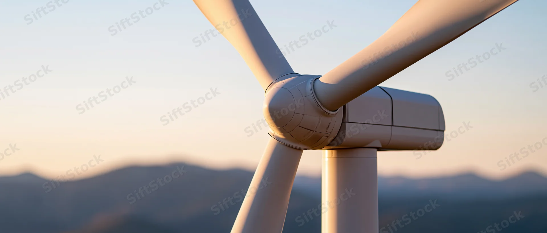 Close-up of wind turbine nacelle and rotor hub against mountainous horizon at dusk