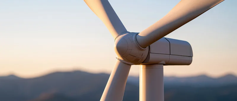 Close-up of wind turbine nacelle and rotor hub against mountainous horizon at dusk