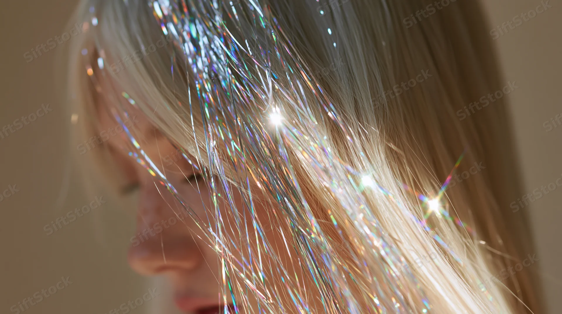 Close-up of a woman’s blonde hair with sparkling tinsel strands cascading forward in profile